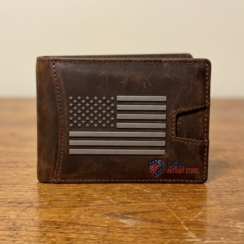 Brown Crazy Horse Leather American Flag Wallet