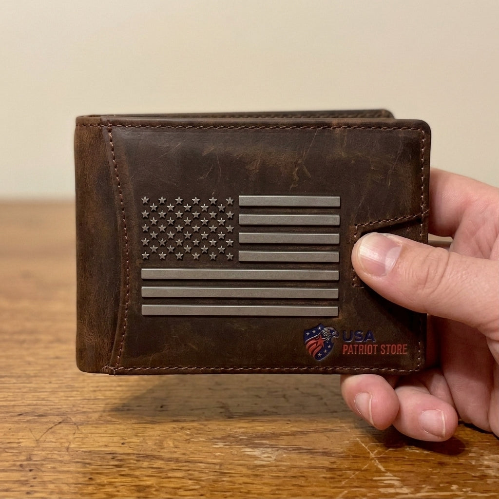 Brown Crazy Horse Leather American Flag Wallet
