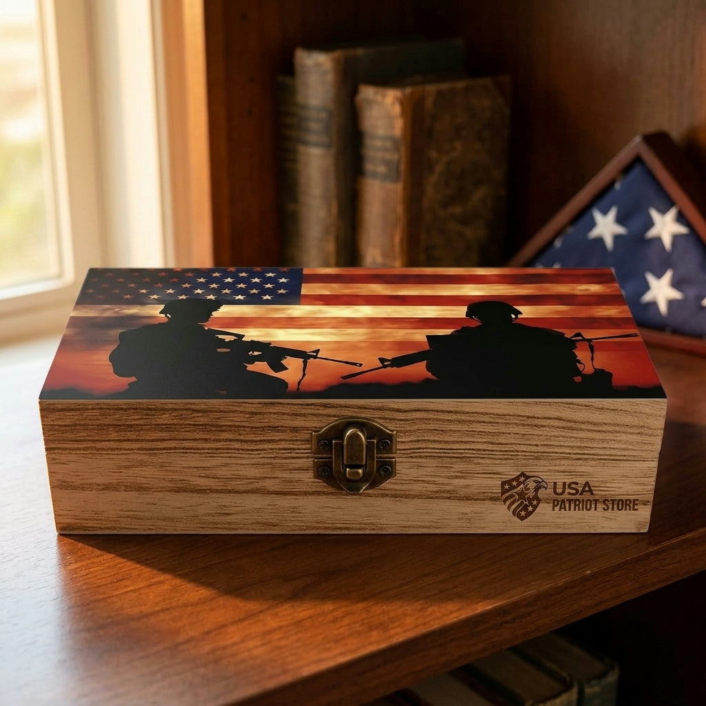 U.S. Flag Memorial Veterans Day Decorative Wooden Storage Box