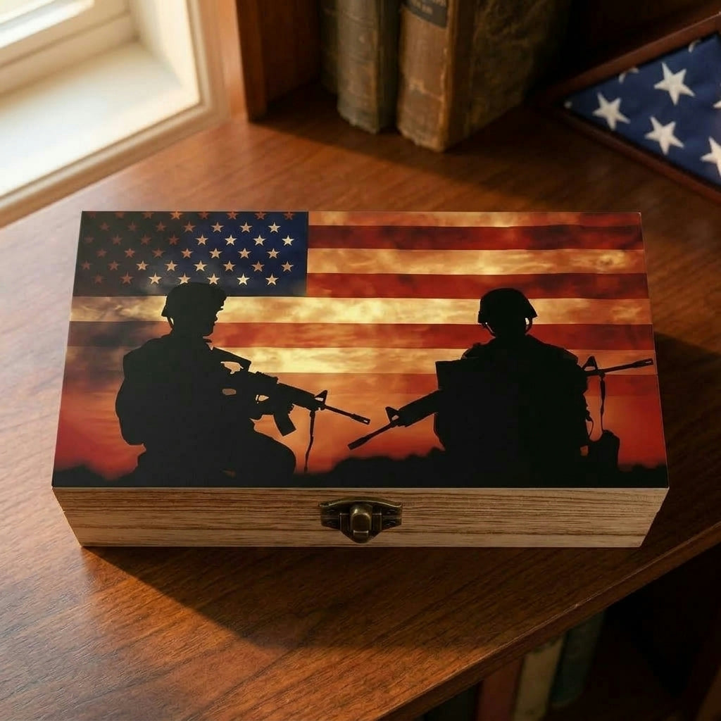 U.S. Flag Memorial Veterans Day Decorative Wooden Storage Box